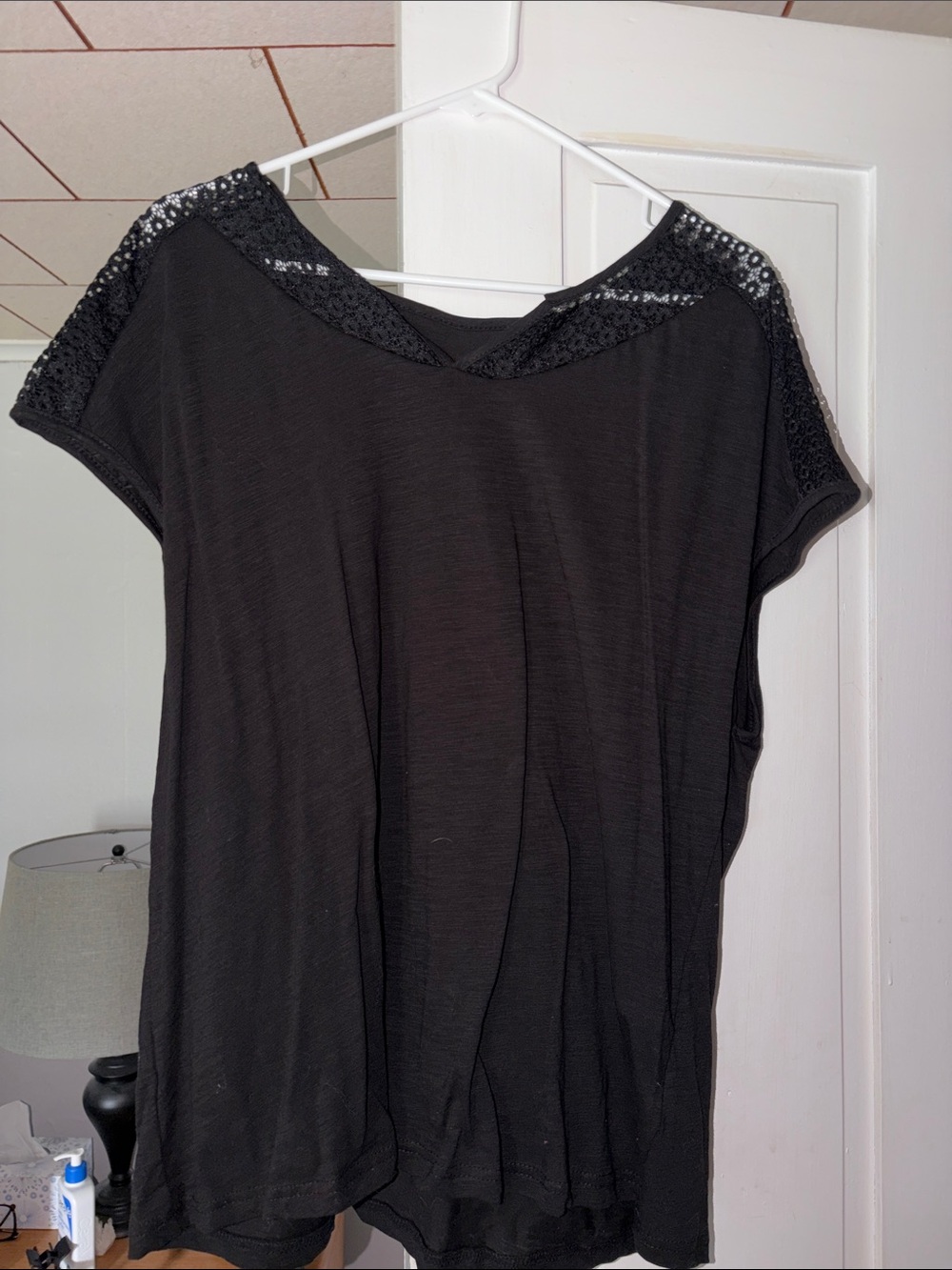SHEIN Black Short Sleeve Top with Lace Shoulder Trim